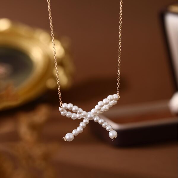 Bow Pearl Necklace Electroplated 18K Real Gold - Image 3