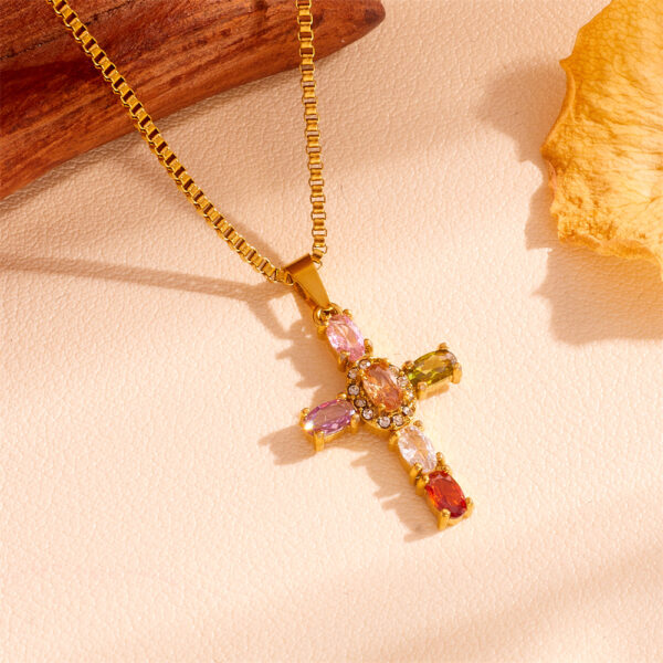 Colorful Crystals Titanium Steel Cross Necklace - Image 3