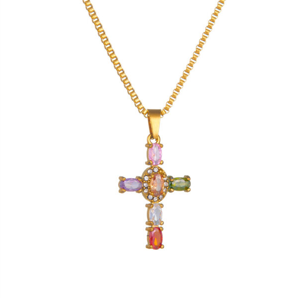 Colorful Crystals Titanium Steel Cross Necklace - Image 2